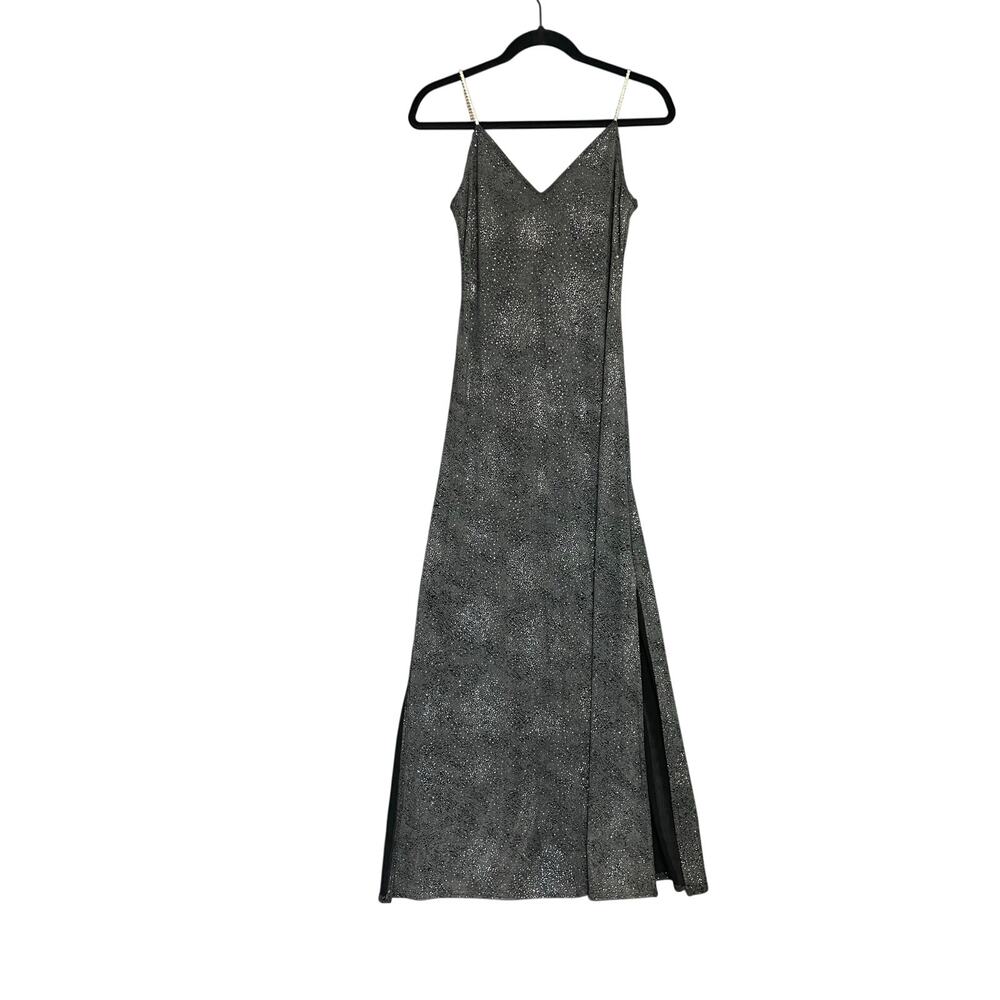 Y2K Vintage Metallic Silver Maxi Dress w/ Rhinestone Straps Size 4‎ Party Bling